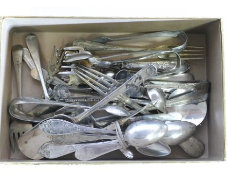 Continental silver spoons, miniature ladle and assortment of plated cutlery 