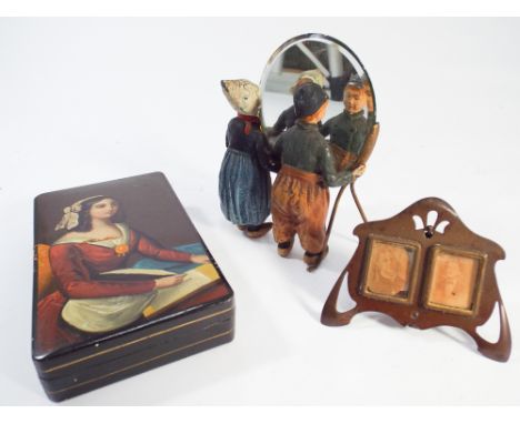 Late Victorian cold painted metal Dutch boy and girl holding a mirror, art nouveau miniature easel photograph frame and a met