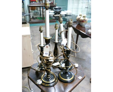 5 various black lacquered candle stick type table lamps