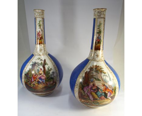 Monumental pair of Dresden bottle vases, hand painted with courting couples in romantic landscapes on a blue scale ground, bl