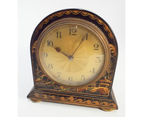 1920s French black lacquered chinoiserie style mantel clock with gilt dial.  14cm 