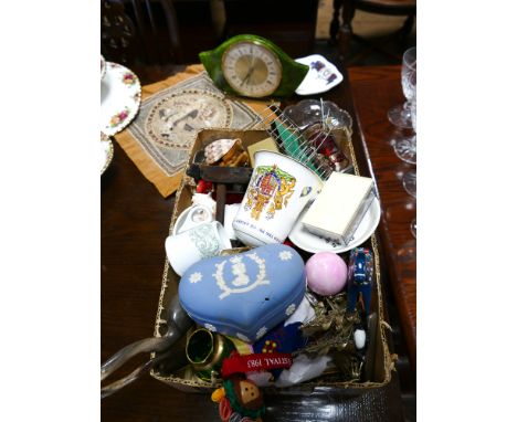 A selection of small ornamental items, mantle clock, embroidered panel etc