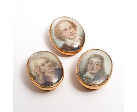 Three Victorian oval portrait miniature set shirt studs, each set with ivory miniature of historical figures, all marked 18 R