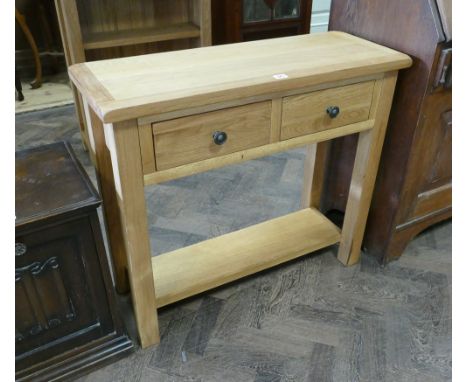 A new 2'9 heavy quality light oak 2 tier console table fitted 2 drawers  as new condition