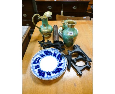Brass and enamel item, plates, telescope etc
