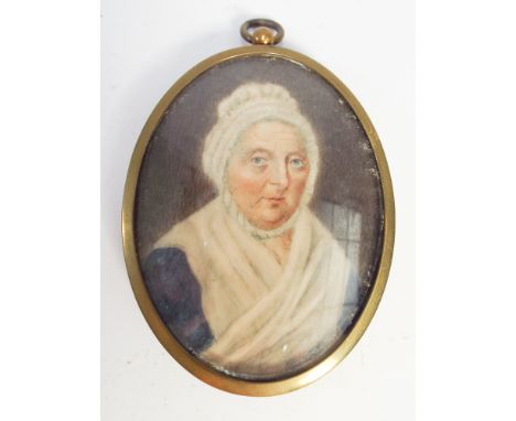 19th century portrait watercolour portrait on ivory depicting an elderly lady wearing a shawl in a brass oval frame - frame m