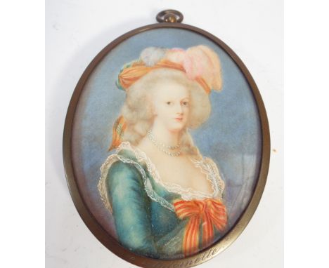 19th century portrait miniature on ivory depicting  Marie Antoinette in a brass frame - 9cm tall 