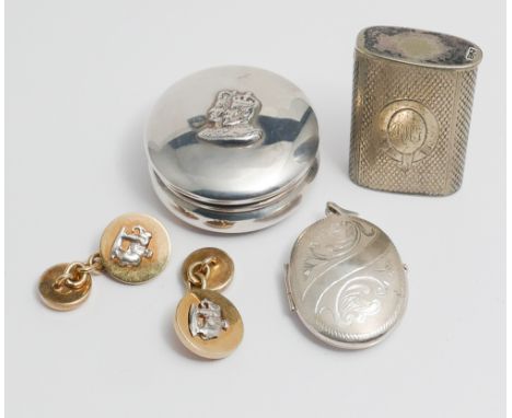 Small silver circular trinket box with Royal commemorative 1933 lid, pair of silver gilt cufflinks decorated with elephants, 