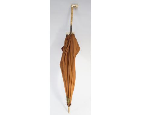 Antique carved Chinese ivory silk parasol with carved ivory handle finial and umbrella tips 33" long 
