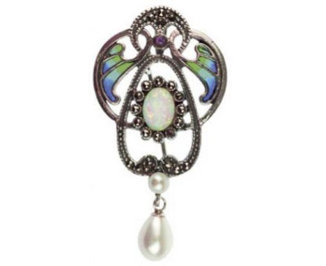   Brosche bzw. Anhänger im Jugendstil, 925er AG, farbige Emaille, SW-Perlen, Rubin und Opal,   Maße ca. 4,8 x 2,5 cm         