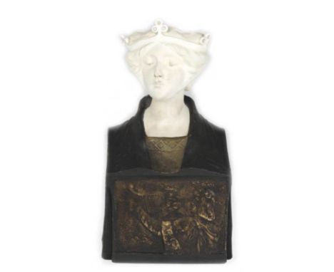   Pecheur für Goldscheider "Büste einer jungen Königin", auf Sockel Relief eines   Harfespielers, Keramik z.T. bronzefarben g