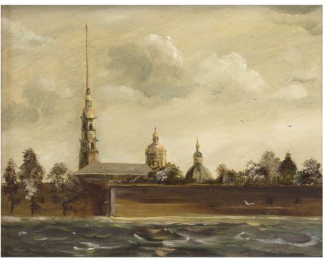   Koslov, K. "Peter-und-Paul-Festung in St. Petersburg", Öl/H., kyrillisch sign. u.r.,   rücks. bez. u. dat. "Leningrad 1990"