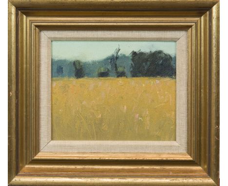 * GEORGE DEVLIN RSW RGI RBA ROI ARWS FRSA (SCOTTISH 1937 - 2014), HAY FIELD oil on panel, unsigned 17.5cm x 21.5cm framed Not