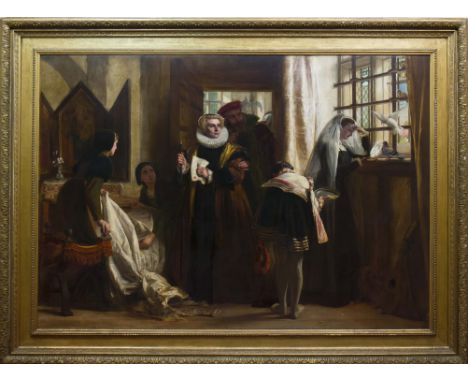 JOHN CALCOTT HORSLEY RA (BRITISH 1817 - 1903), MARY QUEEN OF SCOTS IN CAPTIVITY oil on canvas, signed 137cm x 190cm (54 x 75 