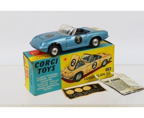 Corgi - A boxed Lotus Elan S2 in metallic blue with Tiger sticker on the boot # 318. The car appears Near Mint but would bene