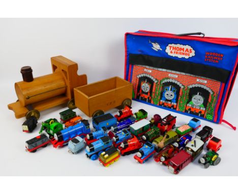 Gullane - A Gullane Thomas the Tank & Friends wooden train carry case with a loose gathering of Gullane Thomas the Tank toys,