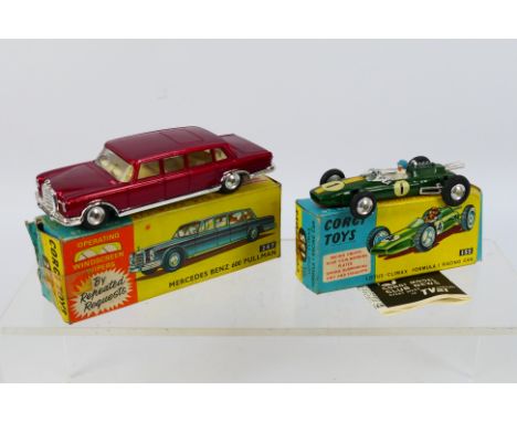 Corgi - 2 x boxed cars, a Lotus Climax Formula 1 Racing Car # 155 and a Mercedes Benz 600 Pullman with working windscreen wip