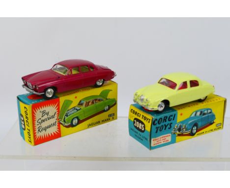 Corgi - 2 x boxed Jaguar models, a 2.4 Litre in yellow # 208S and a Mark X in metallic red # 238. The 2.4 appears Near Mint w