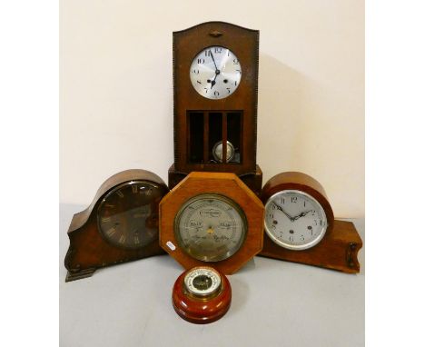 An oak cased wall clock, two barometers, and two mantle clocks (5) 