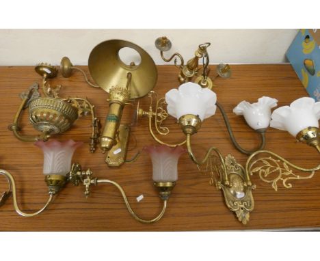 A quantity of brass ceiling and wall light fittings. (2) 