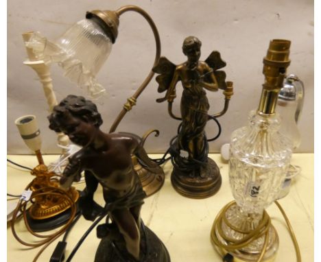 A glass table lamp, two in the form of figurines and four other table lamps. (7) 