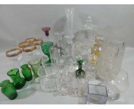 A part tea service of press moulded glassware, 6 plates, 6 saucers, 4 cups, milk jug and sugar bowl and other glassware (2). 