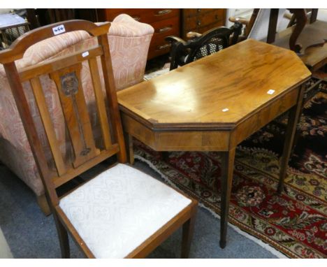 An Edwardian octagonal fold over card table with boxwood inlay, raised on tapering legs, 100 x 50 closed and a hall chair (2)