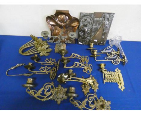A selection of metalware to include, brass wall mounting candlesticks, art nouveau  style copper wall art, copper crumb tray,