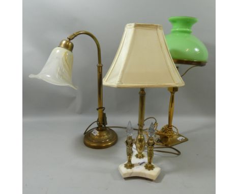 Three brass table lamps, one with swan neck stem, one with oil lamp style shade and one with triangular marble base with two 