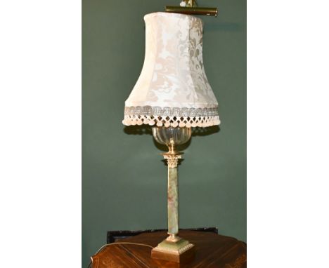 A GOOD ONYX CORINTHIAN COLUMN OIL LAMP, converted to electricity, with shade.