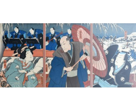 A set of three late 19th Century Japanese woodblock prints, framed as a triptych, each panel 15" x 10" (38 x 15 cm).