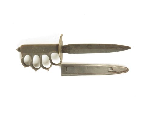 An American knuckle knife, with a solid brass grip stamped U.S.1918 L.F & C-1918, with a black finish and with scabbard, 31cm