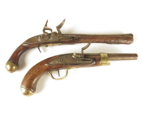 A 19th century French flintlock pistol, with walnut stock and brass mounts, the lock inscribed Manuf Imp de Charleville, hamm