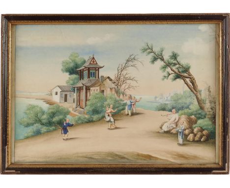 A Chinese gouache painting of boys playing blind man's buff, whilst a teacher looks on puffing his pipe, late 18th / early 19