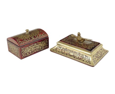 A late 19th century French boulle paperweight, with an eagle finial, 13.5cm wide, together with a boulle vesta / match strike