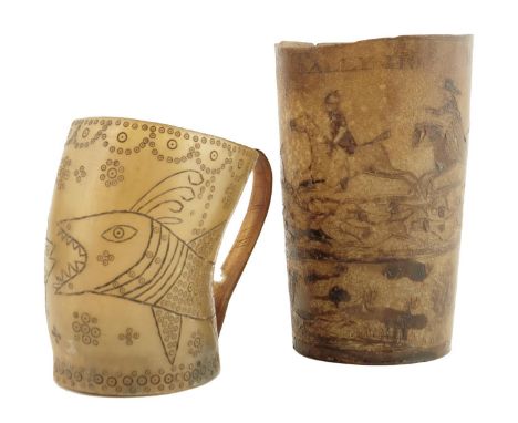 A 19th century horn beaker, engraved with a hunting scene and inscribed 'TALLY-HO' and 'W.PERKINS', 9.8cm high, together with