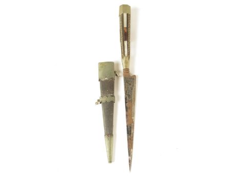 λA Corsican vendetta knife, the etched blade inscribed Vendetta and Morte, the handle decorated in strips of horn, mother of 
