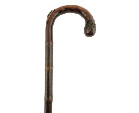 A George V bamboo horse measuring stick walking cane, the shepherd's crook handle with a root end and with a silver mount, ha