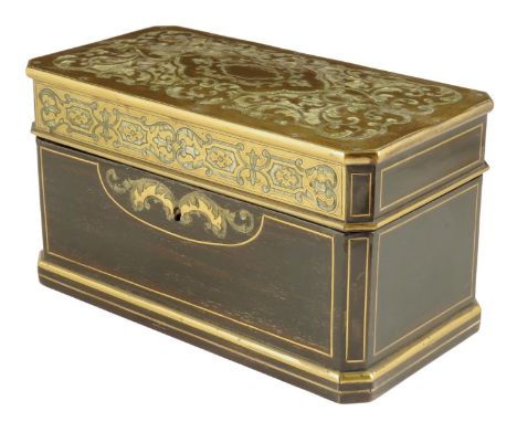 λ A 19th century French ebonized and brass boulle marquetry tea caddy, inlaid with white tortoiseshell, the interior with thr