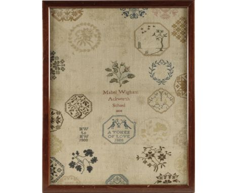 A George III Ackworth School medallion sampler, worked in cross stitch by Mabel Wigham, with flowers, trees, a swan and birds