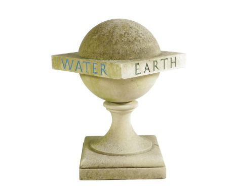 A carved stone ball finial, polychrome inscribed with 'EARTH, AIR, FIRE, WATER', on a socle and square plinth, 57.5cm high, 3