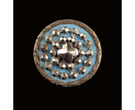 A set of five Louis XVI enamel buttons, with a laurel wreath border and with cut steel decoration, 2.5cm diameter. (5) Proven