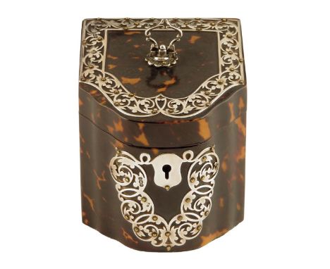 λ An Edwardian tortoiseshell and silver mounted tea caddy, in the form of a knife box, hallmarked for Martin Hall and Co., Sh