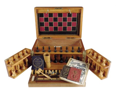 A late Victorian pine games compendium retailed by Benetfink & Co., with a hinged lid containing a folding leather chequer, b