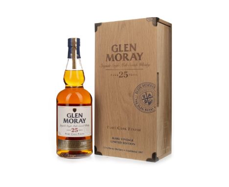 GLEN MORAY 1988 AGED 25 YEARS PORT CASK FINISH Single Malt Scotch Whisky Bottle no. 6923. 70cl, 43% volume, in wooden box.