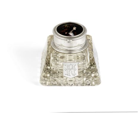 Andrew Barrett &amp; Sons (British)A Silver, Cut-Glass and Enamel Inkwell and Pocket Watch, the inkwell dated 1906the cut-gla