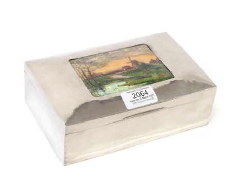 A Liberty &amp; Co Pewter and Enamel Cigarette Box, Model No.01021, of rectangular form, cedar lined, the hinged lid with pla