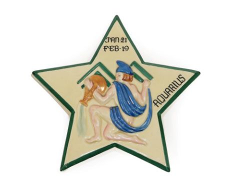 Clarice Cliff (1899-1972): An Aquarius Star Sign Plaque, circa 1936, of star form relief moulded with a figure of a water car