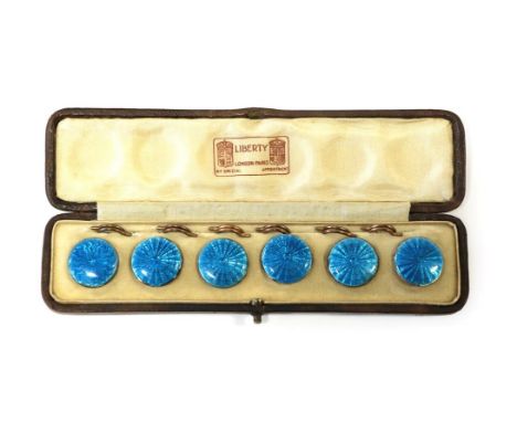 A Set of Six Liberty &amp; Co, Blue Guilloché Enamel Dress Shirt Studs, each 2cm diameter with loops, in original fitted box 