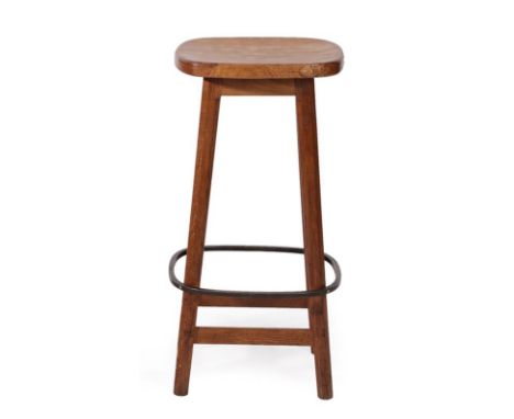 Workshop of Robert Mouseman Thompson (Kilburn): An English Oak Bar Stool, circa 1970's, shaped adzed top, on four octagonal l